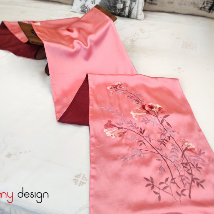 Pink silk scarf hand-embroidered with trumpet creeper, 33*200 cm